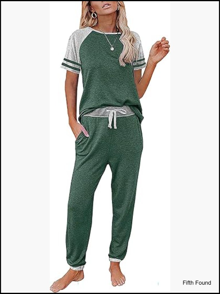 Women Summer Two Piece Lounge Set Striped Short Sleeve Pullover And Jogger